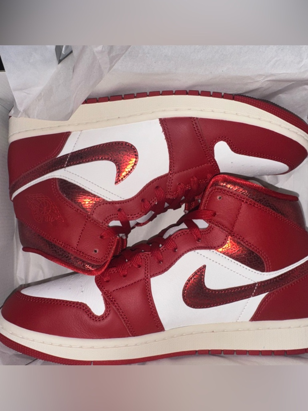 Jordan Women’s Red & White Mid-Top Sneakers with Shimmer Swoosh